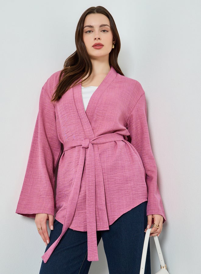 ستايلي كيمونو نسائي وردي سادة بحزام - Image 4